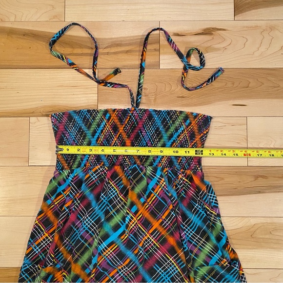 🤍 Y2K Colorful Plaid Smocked Halter Mini Dress OCEAN PACIFIC - Picture 9 of 9